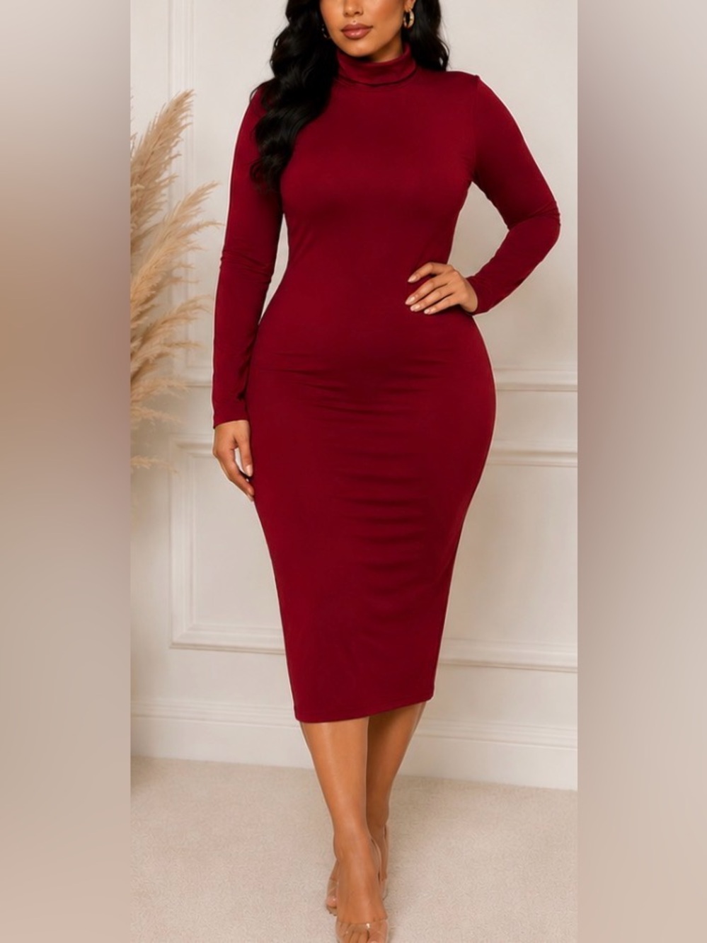 Long Sleeve Bodycon Midi Dress in Burgundy 2XL (New Without Tag)